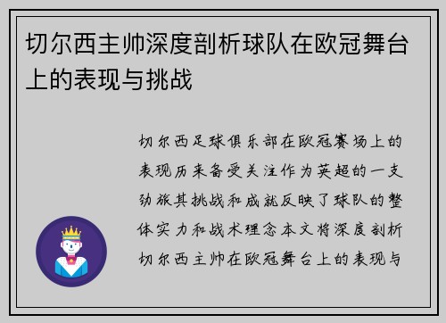 切尔西主帅深度剖析球队在欧冠舞台上的表现与挑战