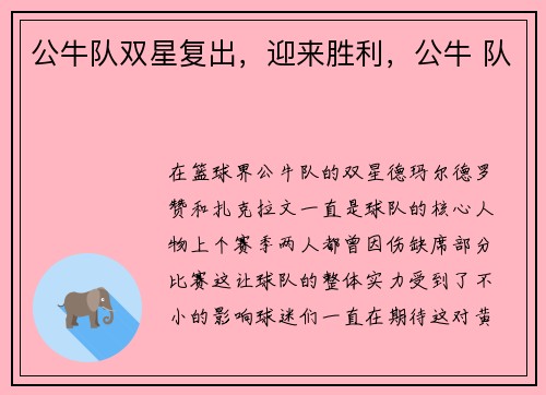 公牛队双星复出，迎来胜利，公牛 队