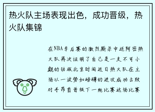 热火队主场表现出色，成功晋级，热火队集锦