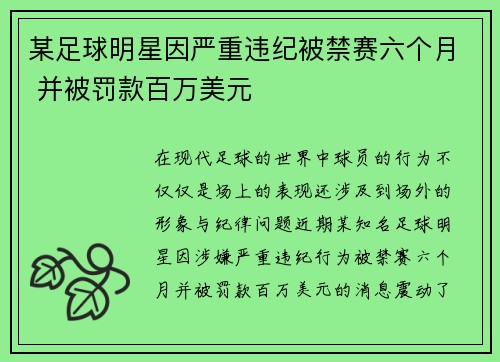 某足球明星因严重违纪被禁赛六个月 并被罚款百万美元